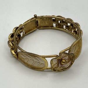 Vintage 1950s Gold-Tone Floral Bangle - Mesh Filigree - Patina & Flaws